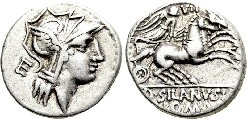 D. SILANUS L.F. Denarius (91 BC). Rome. 

Obv: Helmeted head of Roma right; E ...