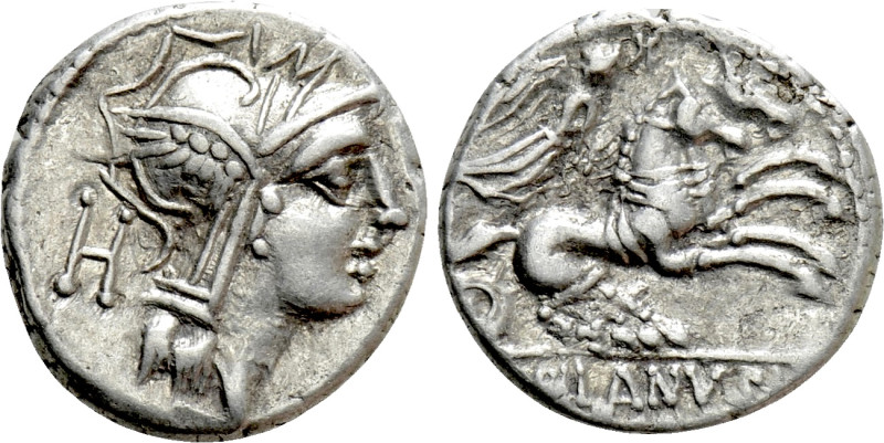 D. SILANUS L.F. Denarius (91 BC). Rome. 

Obv: Helmeted head of Roma right; H ...