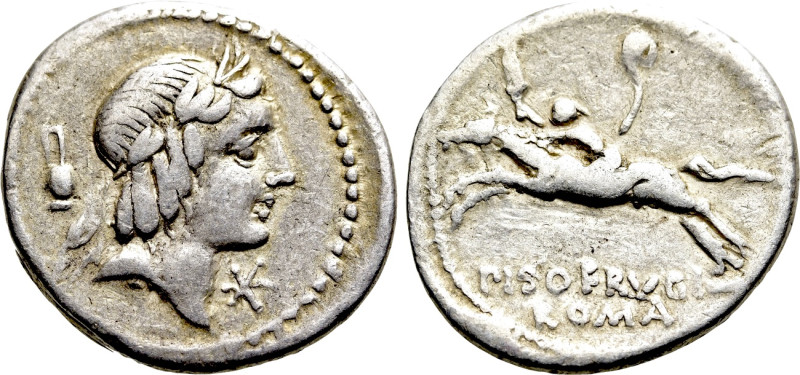L. CALPURNIUS PISO FRUGI. Denarius (90 BC). Rome. 

Obv: Laureate head of Apol...