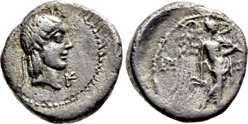 L. CALPURNIUS PISO FRUGI. Quinarius (90 BC). Rome. 

Obv: Laureate head of Apo...