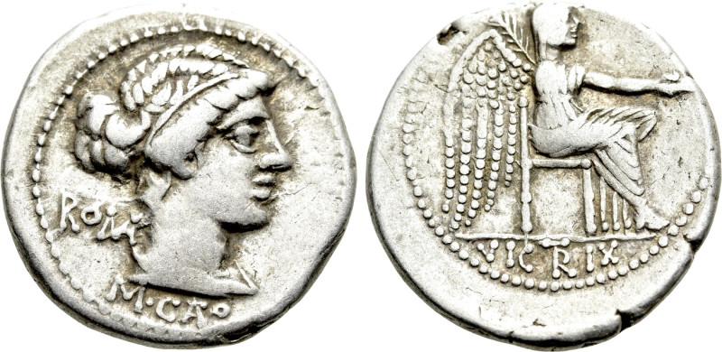 M. CATO. Denarius (89 BC). Rome. 

Obv: ROMA / M CATO. 
Diademed and draped f...