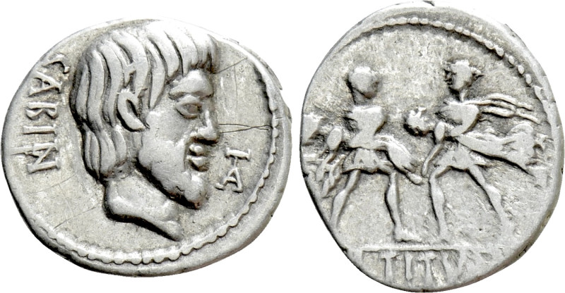 L. TITURIUS L.F. SABINUS. Denarius (89 BC). Rome. 

Obv: SABIN. 
Bareheaded a...