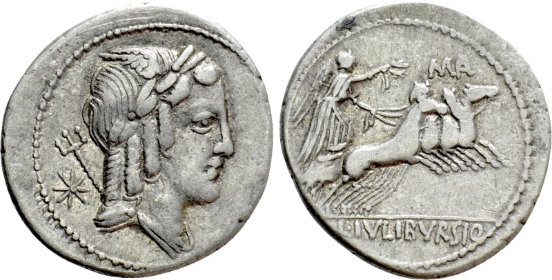 L. JULIUS BURSIO. Denarius (85 BC). Rome. 

Obv: Laureate, draped and winged b...