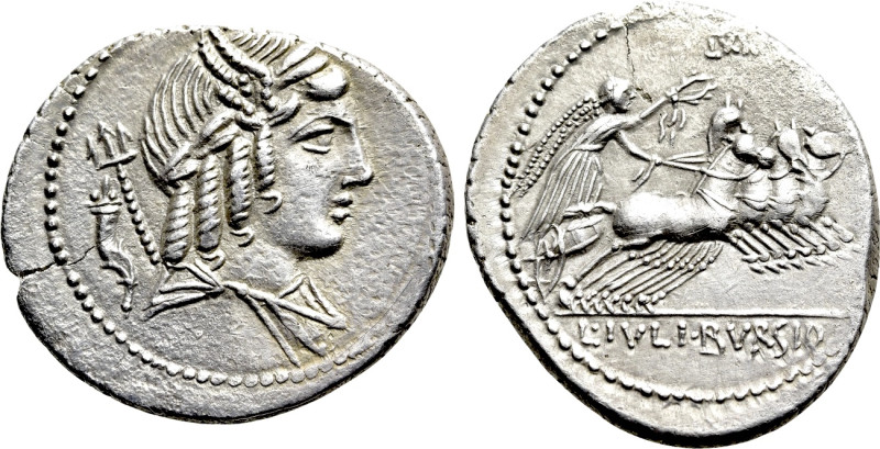 L. JULIUS BURSIO. Denarius (85 BC). Rome. 

Obv: Laureate, draped and winged b...