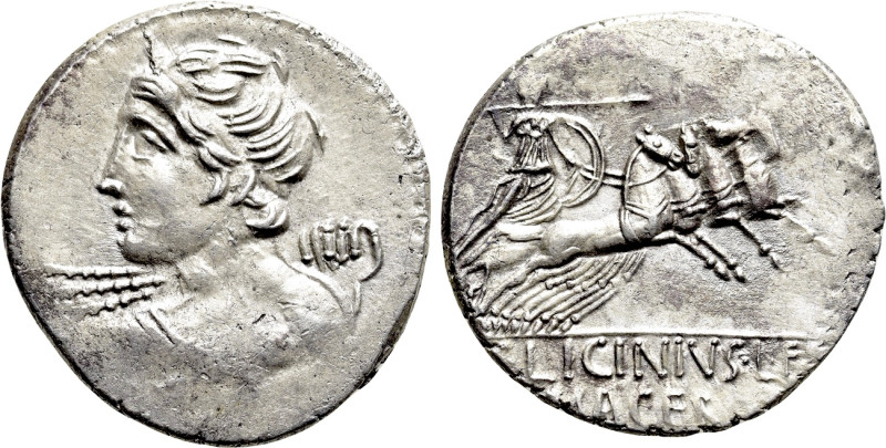 C. LICINIUS L.F. MACER. Denarius (84 BC). Rome. 

Obv: Bust of Apollo Vejovis ...