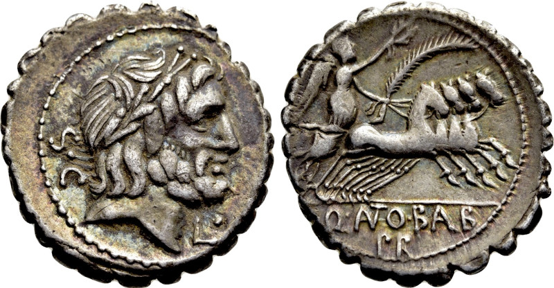 Q. ANTONIUS BALBUS. Serrate Denarius (83-82 BC). Rome. 

Obv: S•C. 
Laureate ...