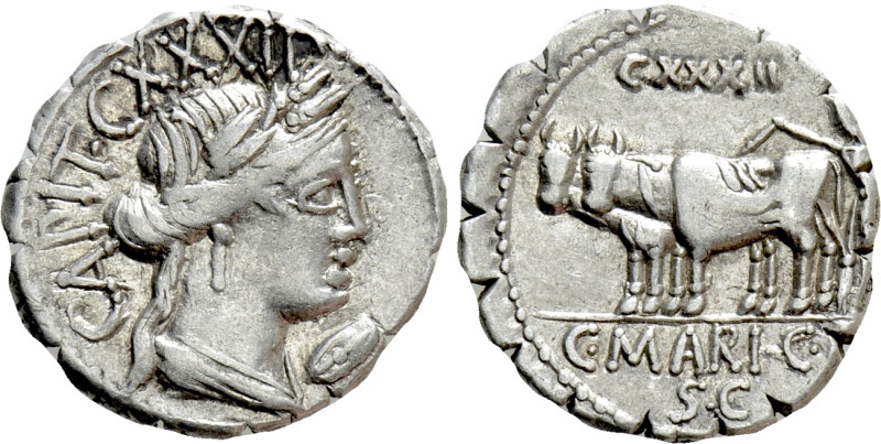 C. MARIUS C. F. CAPITO. Serrate Denarius (81 BC). Rome. 

Obv: CAPIT CXXXII. ...