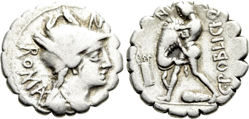 C. POBLICIUS Q.F. Serrate Denarius (80 BC). Rome. 

Obv: ROMA. 
Helmeted and ...