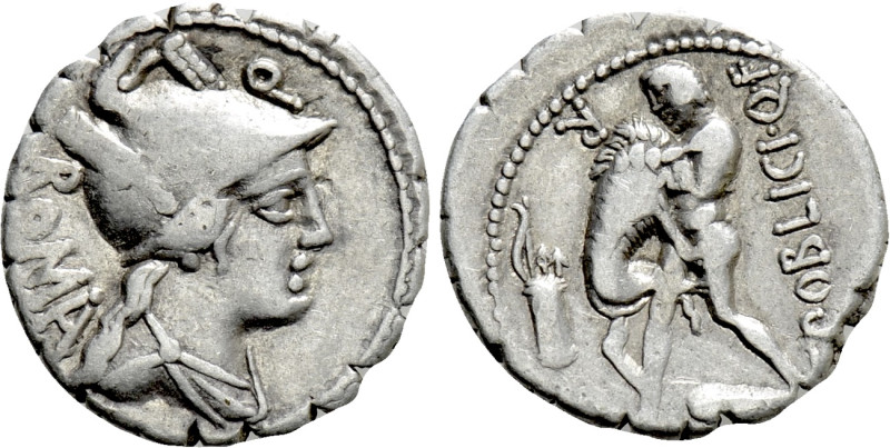 C. POBLICIUS Q.F. Serrate Denarius (80 BC). Rome. 

Obv: ROMA. 
Helmeted and ...