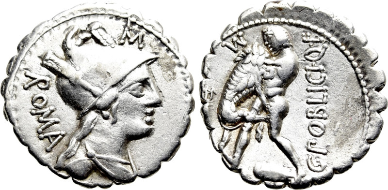C. POBLICIUS Q.F. Serrate Denarius (80 BC). Rome. 

Obv: ROMA. 
Helmeted and ...
