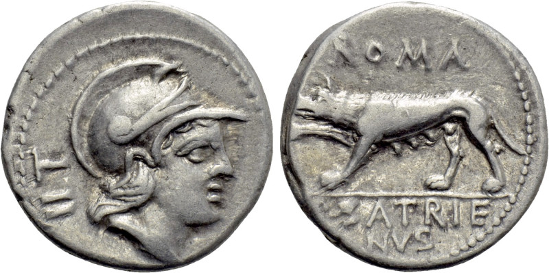 P. SATRIENUS. Denarius (77 BC). Rome. 

Obv: Helmeted head of Mars right; cont...
