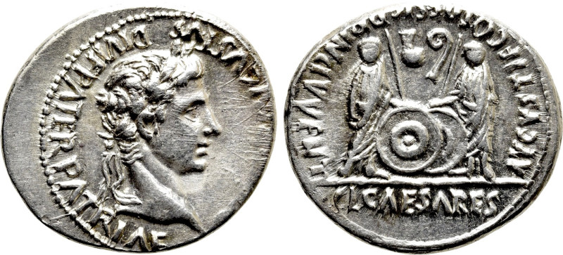 AUGUSTUS (27 BC-14 AD). Denarius. Lugdunum. 

Obv: CAESAR AVGVSTVS DIVI F PATE...