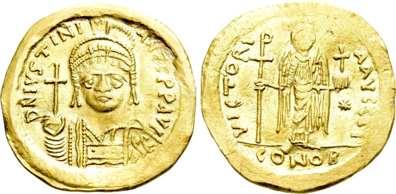 JUSTINIAN I (527-565). GOLD Solidus. Constantinople. 

Obv: D N IVSTINIANVS P ...