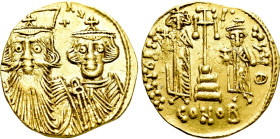 CONSTANS II with CONSTANTINE IV, HERACLIUS and TIBERIUS (641-668). GOLD Solidus. Constantinople