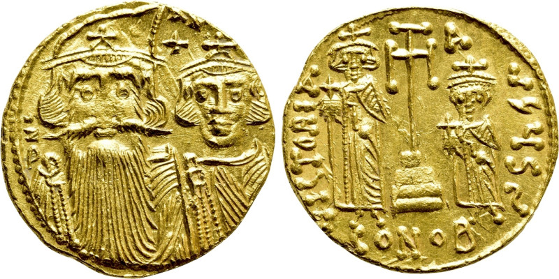 CONSTANS II with CONSTANTINE IV, HERACLIUS and TIBERIUS (641-668). GOLD Solidus....