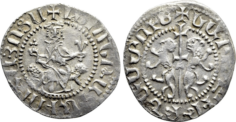 ARMENIA. Levon I (1198-1219). Tram. 

Obv: Crowned figure of Levon seated on t...