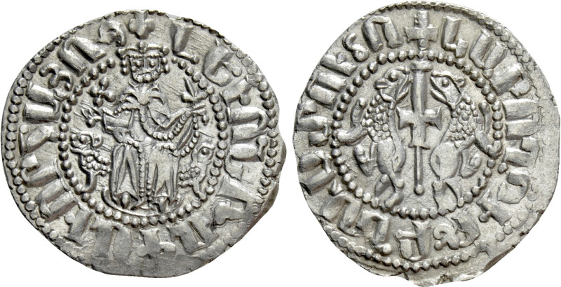 ARMENIA. Levon I (1198-1219). Tram. 

Obv: Crowned figure of Levon seated on t...