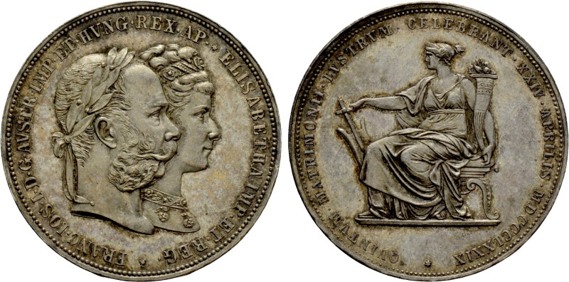 AUSTRIAN EMPIRE. Franz Joseph I with Elisabeth (1848-1916). Doppelgulden (1879)....