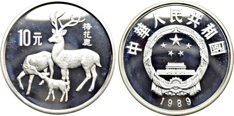 CHINA. Proof 10 Yuan (1989). Rare Animal series. 

Obv: Sika Deer.
Rev: Natio...