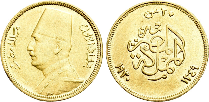 EGYPT. Ahmed Fuad I (1922-1936). GOLD 20 Qirsh. Tower mint (London). Dated AH 13...