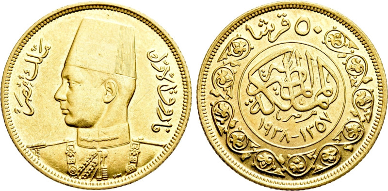 EGYPT. Farouk I (1936-1952). Gold 50 Qirsh. Tower mint (London). Dated AH 1357 (...