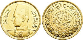 EGYPT. Farouk I (1936-1952). Gold 50 Qirsh. Tower mint (London). Dated AH 1357 (AD 1938)