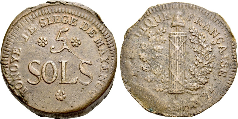FRANCE. First Republic. National Convention (1792-1795). 5 Sols 1793. Siege of M...