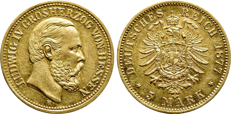 GERMANY. Hesse-Darmstadt. Ludwig IV (1877-1892). GOLD 5 Mark (1877). Darmstadt. ...