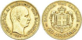 GREECE. George I (1863-1913). GOLD 20 Drachmai (1884-A). Paris