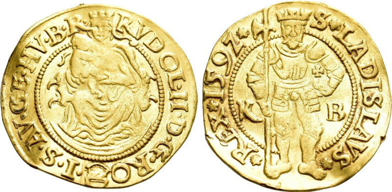 HUNGARY. Rudolf II (1576-1612). GOLD Ducat (1592-KB). Kremnitz. 

Obv: RVDOL I...