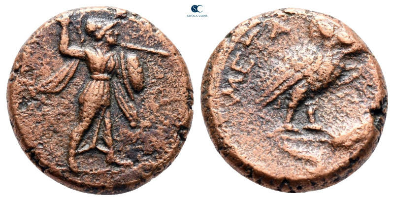 Lucania. Metapontion circa 225-200 BC. 
Bronze Æ

15 mm, 3,23 g

Athena Alk...