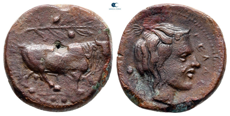 Sicily. Gela circa 420-405 BC. 
Tetras or Trionkion Æ

16 mm, 3,36 g

Bull ...