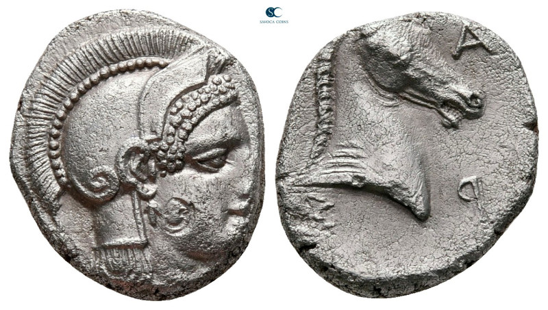 Thessaly. Pharsalos circa 420-400 BC. 
Hemidrachm AR

15 mm, 2,92 g

Helmet...