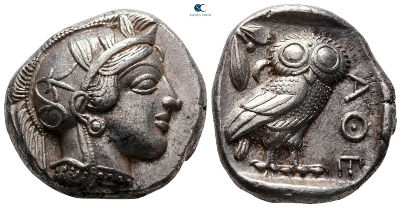 Attica. Athens circa 454-404 BC. 
Tetradrachm AR

24 mm, 17,21 g

Helmeted ...