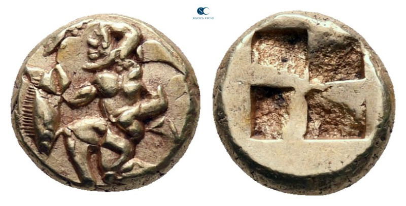 Mysia. Kyzikos circa 500-450 BC. 
1/12 Stater EL

9 mm, 1,30 g

Satyr kneel...