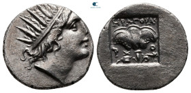 Islands off Caria. Rhodos circa 166-88 BC. ΗΡΑΓΟΡΑΣ (Heragoras), magistrate. Plinthophoric Drachm AR