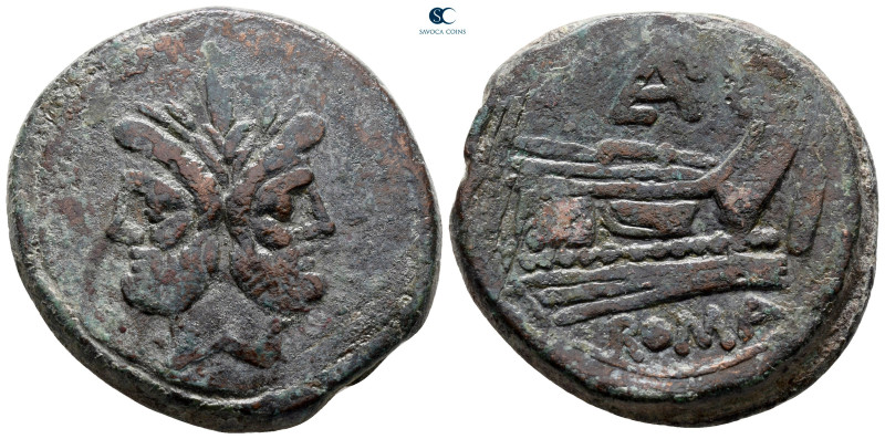 Anonymous 169-158 BC. Rome
As Æ

36 mm, 33,65 g

Laureate head of Janus; I ...