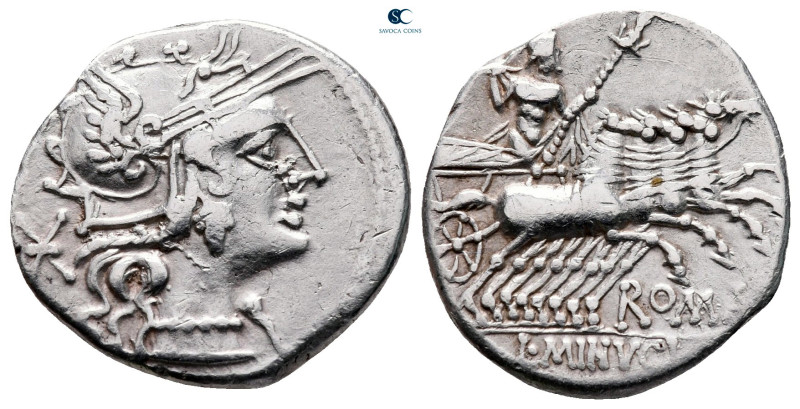 L. Minucius 133 BC. Rome
Denarius AR

20 mm, 3,87 g

Helmeted head of Roma ...