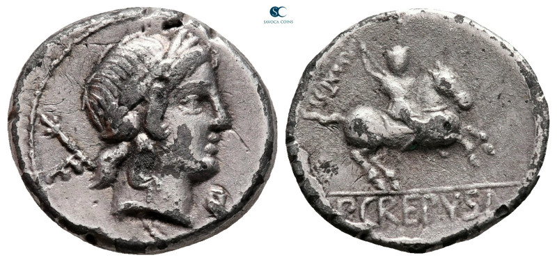 P. Crepusius 82 BC. Rome
Denarius AR

18 mm, 3,05 g

Laureate head of Apoll...