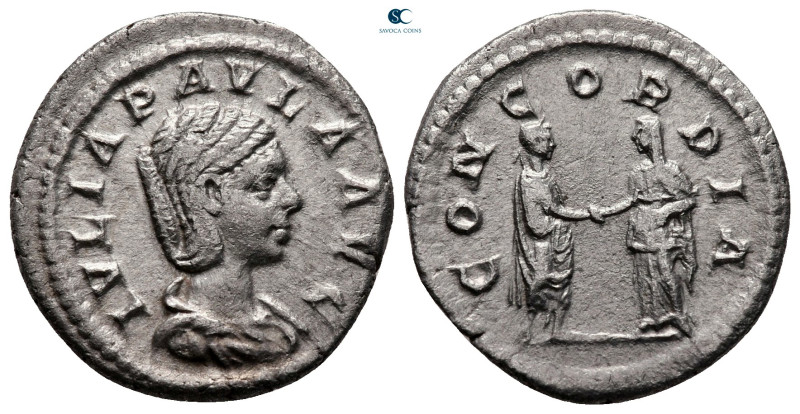 Julia Paula. Augusta AD 219-220. Rome
Denarius AR

20 mm, 2,70 g

IVLIA PAV...