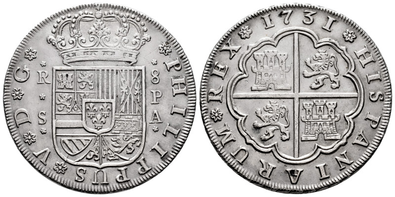 Philip V (1700-1746). 8 reales. 1731. Sevilla. PA. (Cal-1623). Ag. 26,84 g. Very...