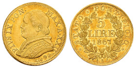Vatican. Pio IX. 5 lire. 1867 (Anno XXII). Rome. R. (Pagani-546). (Fried-282). (Km-1380). Au. 1,58 g. Original luster. Rare. AU/Almost MS. Est...600,0...