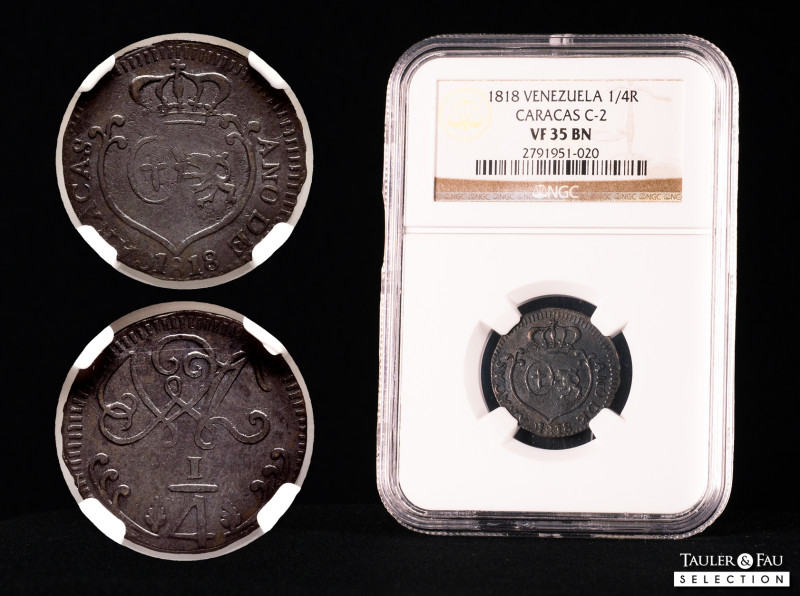 Independence War (1811-1821). Ferdinand VII (1808-1833). 1/4 real. 1818. Caracas...