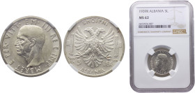 Albania Italian occupation Vittorio Emanuele III 5 Lek 1939 R Rome mint Silver NGC MS62 KM# 33