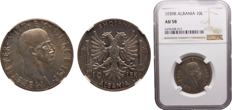 Albania Italian occupation Vittorio Emanuele III 10 Lek 1939 R Rome mint Silver ...