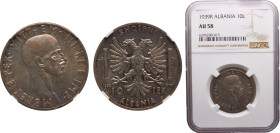 Albania Italian occupation Vittorio Emanuele III 10 Lek 1939 R Rome mint Silver NGC AU58 KM# 34