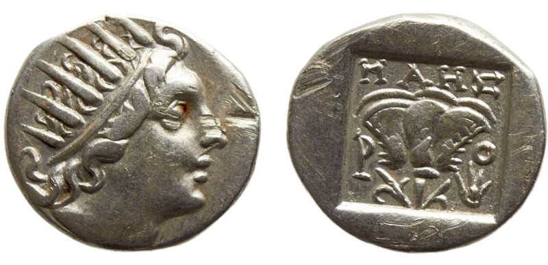 Ancient Greek States Caria, Rhodos AR Drachm ca. 88-85 BC ΜΑΗΣ, O: Radiate head ...