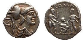 Ancient Roma Republic Tiberius Veturius AR Denarius 37 BC Rome mint O: helmeted and draped bust of Mars right; R: Youth kneeling left, head right, bet...