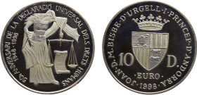 Andorra Principality Joan Martí i Alanis 10 Diners 1998 Hamburg mint(Mintage 25000) 50th Anniversary of the Declaration of Human Rights Silver PF 31.6...