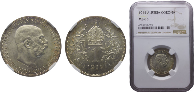 Austria Austro-Hungarian Empire Franz Joseph I 1 Corona 1914 Silver NGC MS63 KM#...